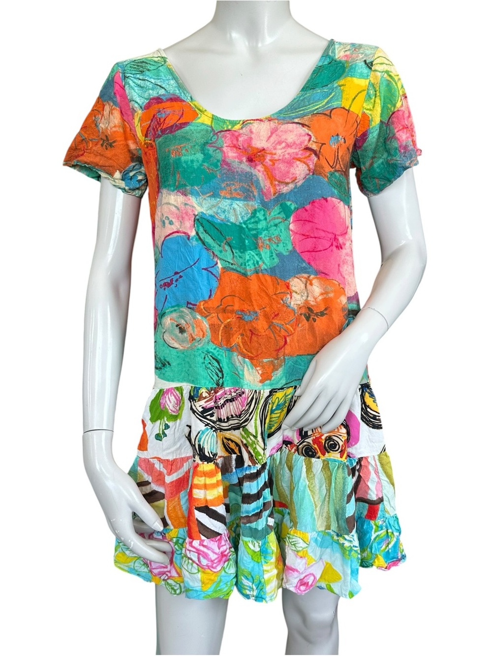 Vintage Jams World Hattie Boho Colorful Abstract Floral Tiered Mini Dress Small